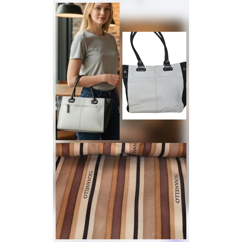 Tignanello 2 Tone Neutral Color block Pebbled Leather Storage‎ Shoulder Bag